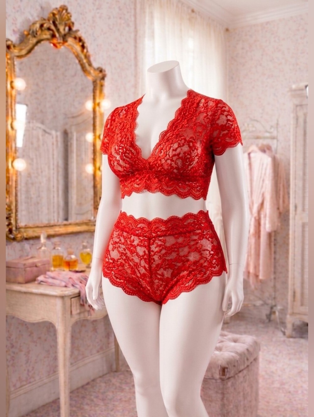 Avidlove Floral Lace Scallop Trim Lingerie Set – Size 14W RED